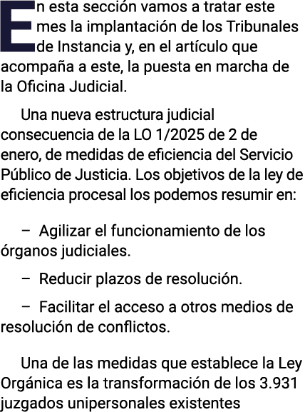 En esta sección vamos a tratar este mes la implantación de los Tribunales de Instancia y, en el artículo que acompaña   