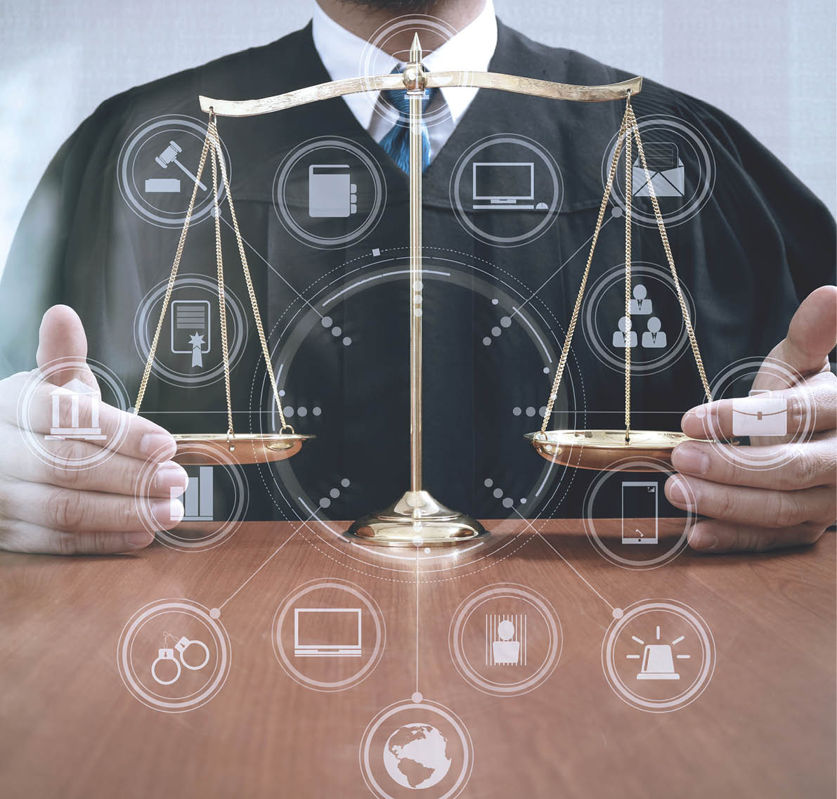 justice and law concept Male judge in a courtroom with the balance scale on wood table,virtual interface graphic icons diagram