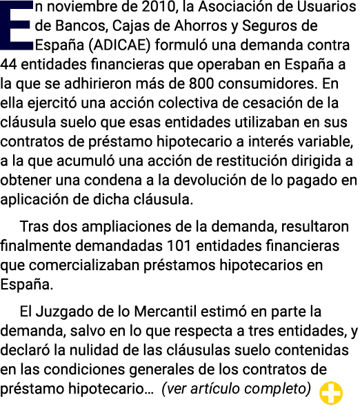 En noviembre de 2010, la Asociación de Usuarios de Bancos, Cajas de Ahorros y Seguros de España (ADICAE) formuló una    