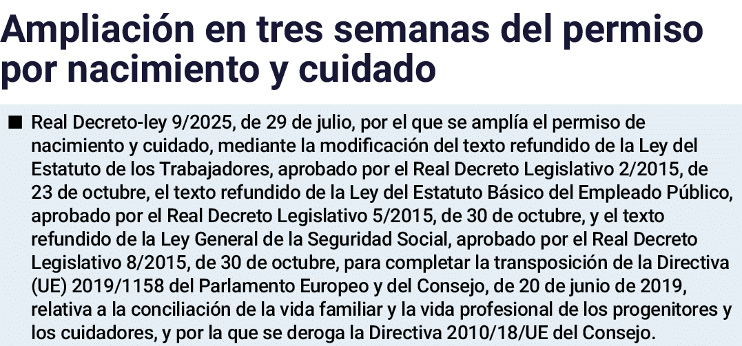 Ampliaci n en tres semanas del permiso por nacimiento y cuidado ■ Real Decreto ley 9/2025, de 29 de julio, por el que...