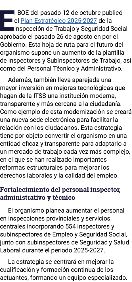 El BOE del pasado 12 de octubre public el Plan Estrat gico 2025 2027 de la Inspecci n de Trabajo y Seguridad Social ...