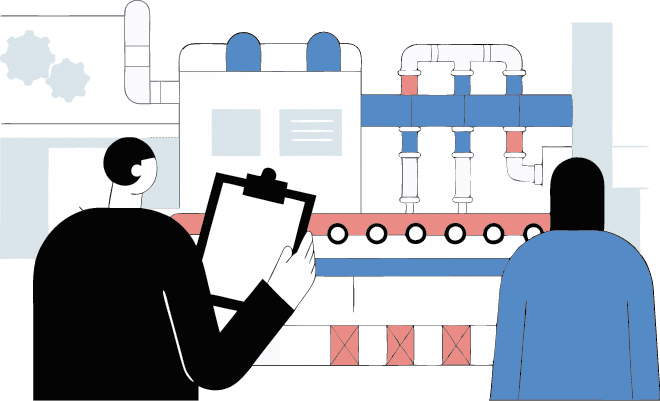 In a factory setting, an internal auditor interviews an employee while holding a notebook and taking notes. Professional and analytical approach.