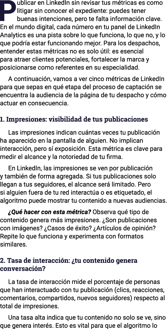 Publicar en LinkedIn sin revisar tus m tricas es como litigar sin conocer el expediente: puedes tener buenas intencio...