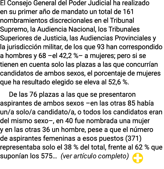 El Consejo General del Poder Judicial ha realizado en su primer a o de mandato un total de 161 nombramientos discreci...