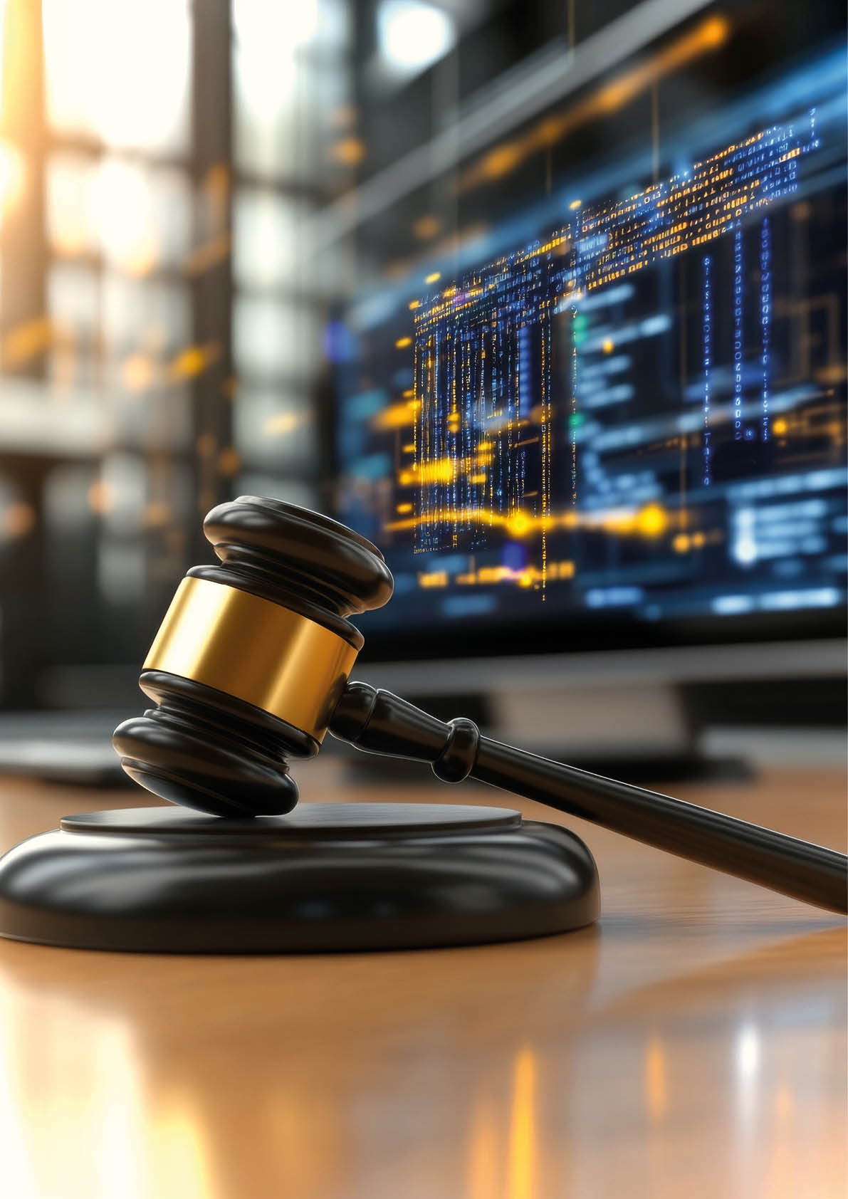 A gavel rests on a wooden block as digital coding reflects the intersection of artificial intelligence and the law in contemporary court settings.