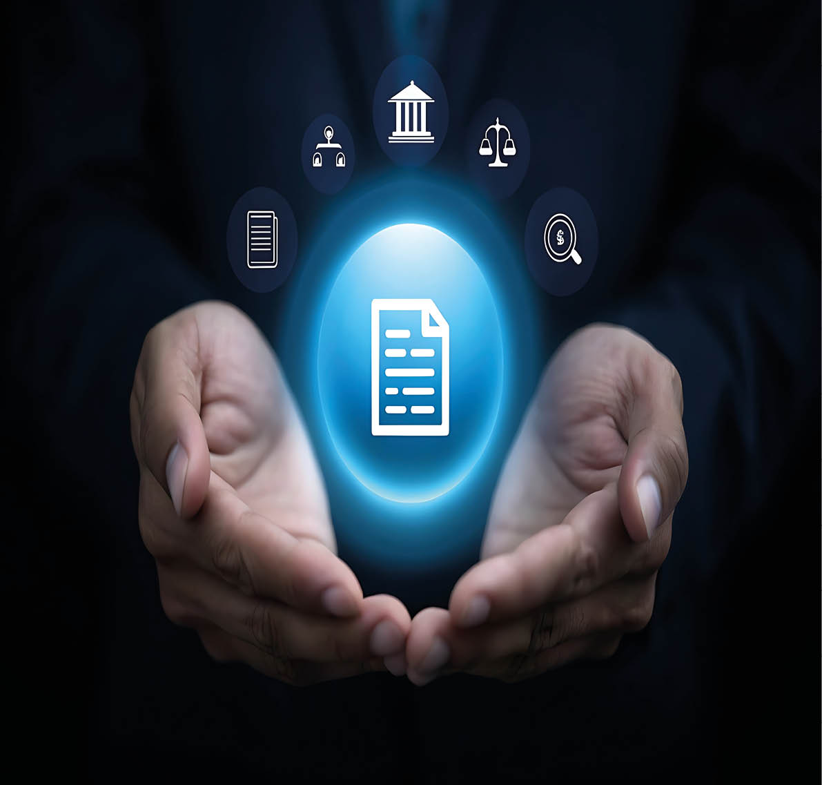 Hands cradle a bright blue orb containing a document icon surrounded by other digital icons representing law and finance.