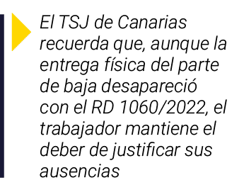 ￼ El TSJ de Canarias recuerda que, aunque la entrega f sica del parte de baja desapareci con el RD 1060/2022, el tra...