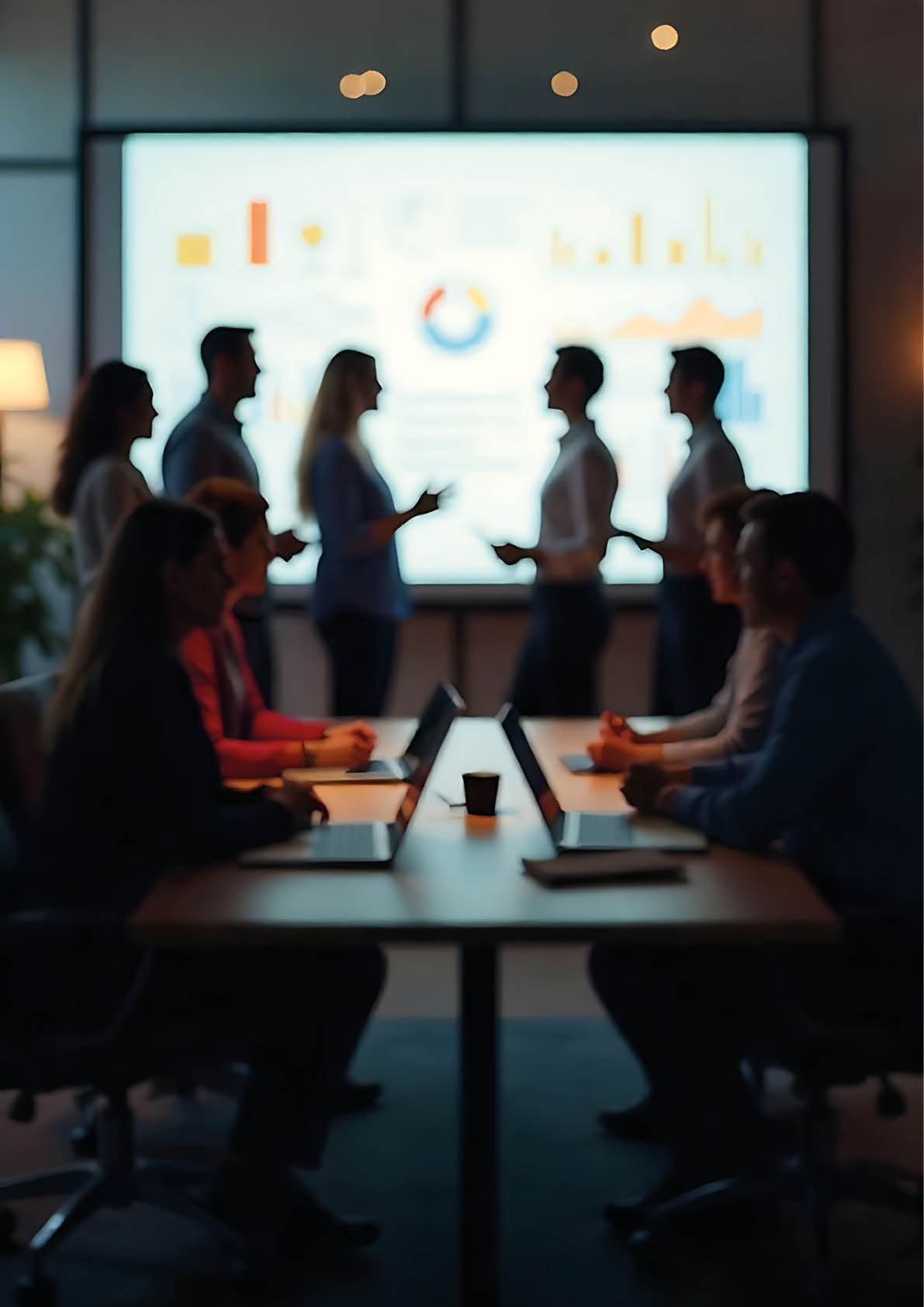 Generative AI Business professionals discussing data at a late-night meeting; focusing on collaborative strategies and data analysis for success.