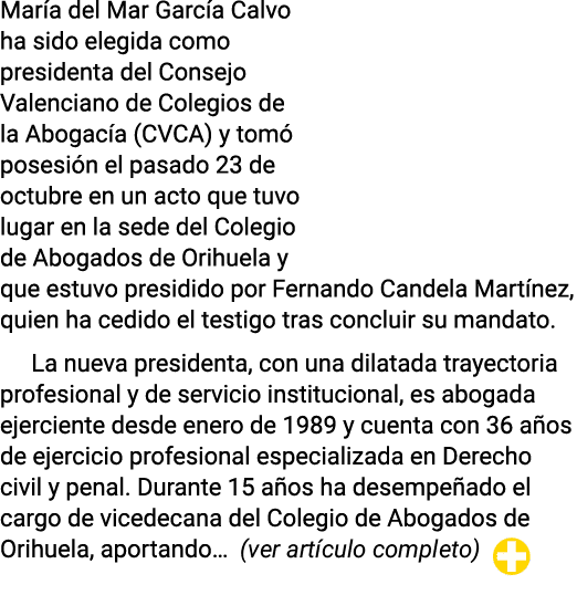 Mar a del Mar Garc a Calvo ha sido elegida como presidenta del Consejo Valenciano de Colegios de la Abogac a (CVCA) y...