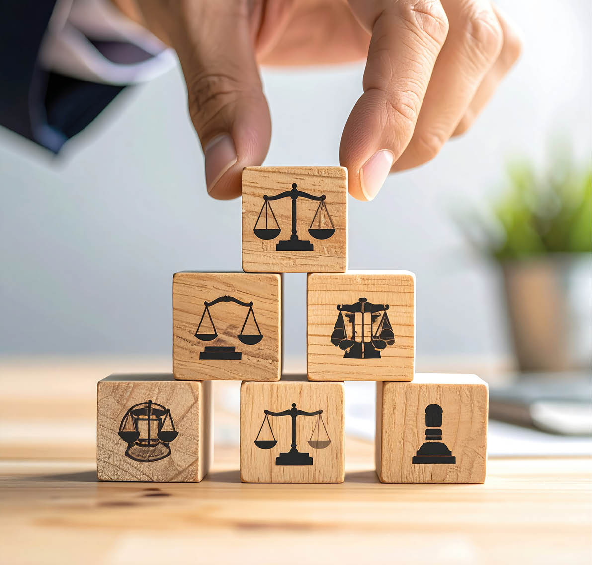 A hand places a wooden block with a scale icon atop a pyramid of similar blocks. Legal concepts and justice are symbolized
