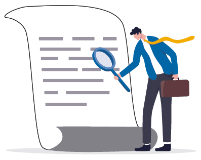 Document checking, agreement or contract validation, financial or budget analysis, search for document files concept, businessman manager holding big magnifying glass checking document paper.