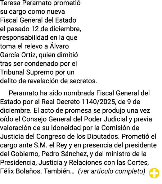 Teresa Peramato prometi su cargo como nueva Fiscal General del Estado el pasado 12 de diciembre, responsabilidad en ...