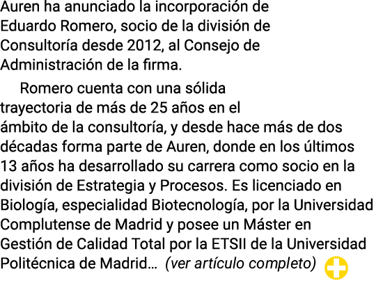 Auren ha anunciado la incorporaci n de Eduardo Romero, socio de la divisi n de Consultor a desde 2012, al Consejo de ...