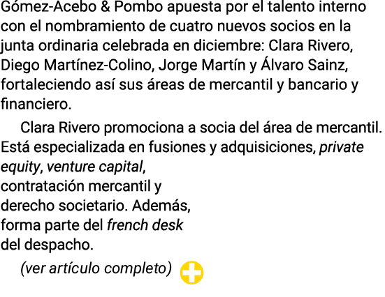 G mez Acebo & Pombo apuesta por el talento interno con el nombramiento de cuatro nuevos socios en la junta ordinaria ...