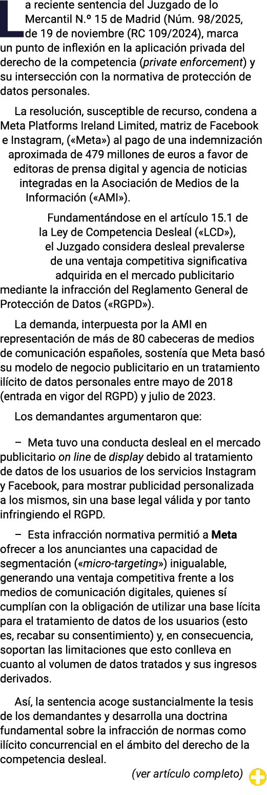 La reciente sentencia del Juzgado de lo Mercantil N.º 15 de Madrid (N m. 98/2025, de 19 de noviembre (RC 109/2024), m...