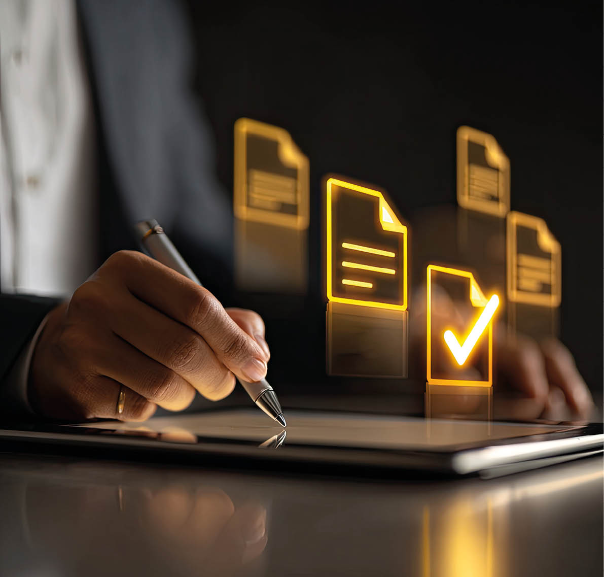 Person Using Stylus on Tablet to Review Documents with Glowing Checkmarks