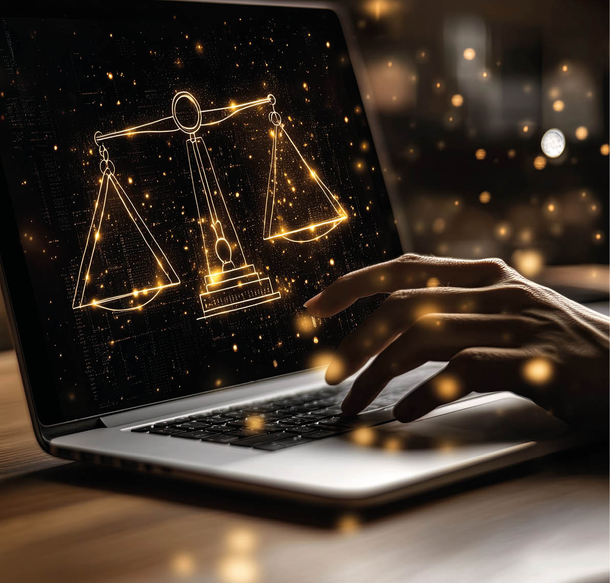 Legal business concept. Labor law, Lawyer, Online legal advice, Hand of human with legal services icon on laptop screen.