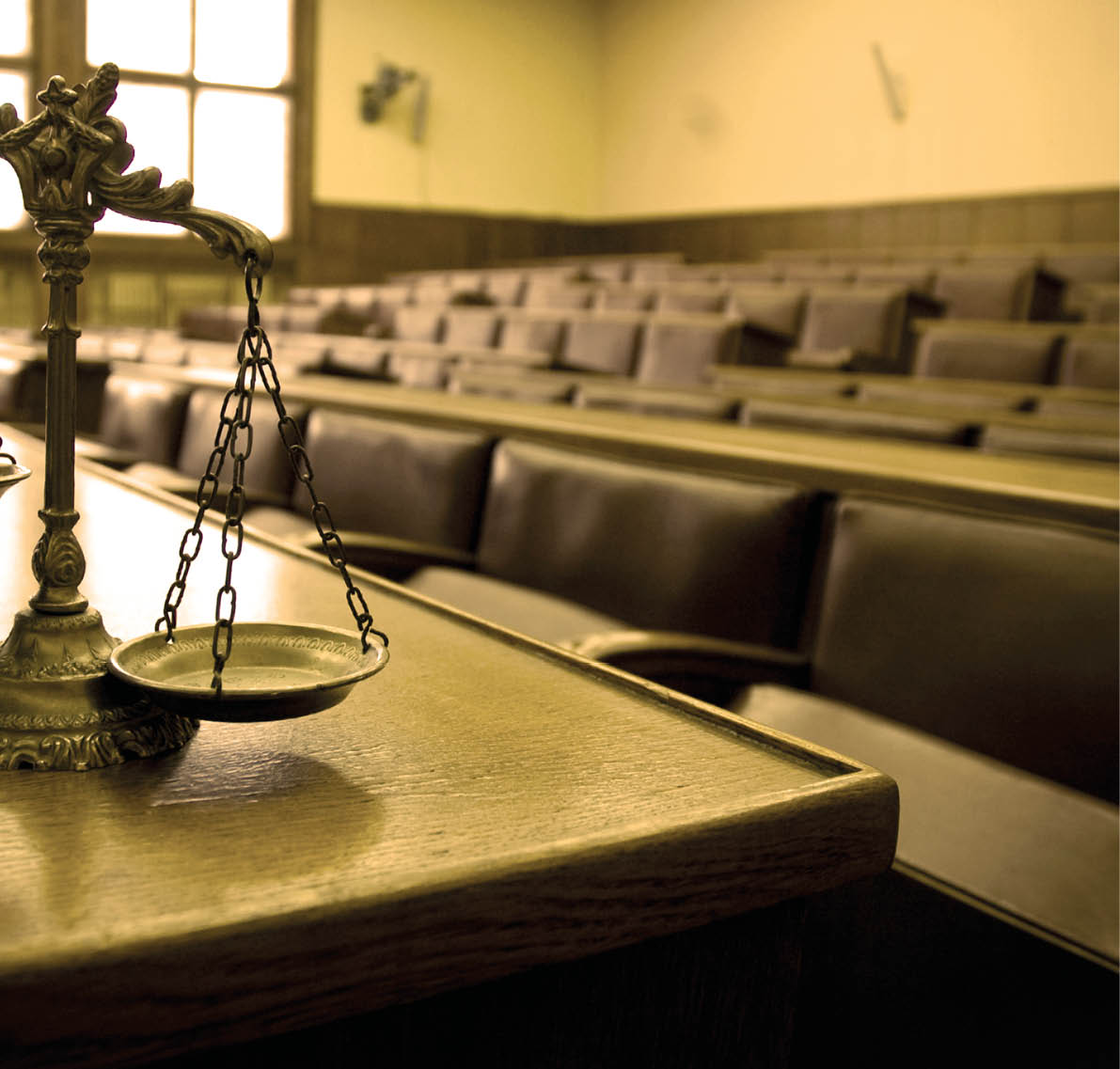 Symbol of law and justice in the empty courtroom, law and justice concept