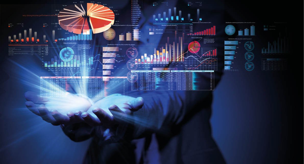 Businesswoman with financial symbols coming from her hand