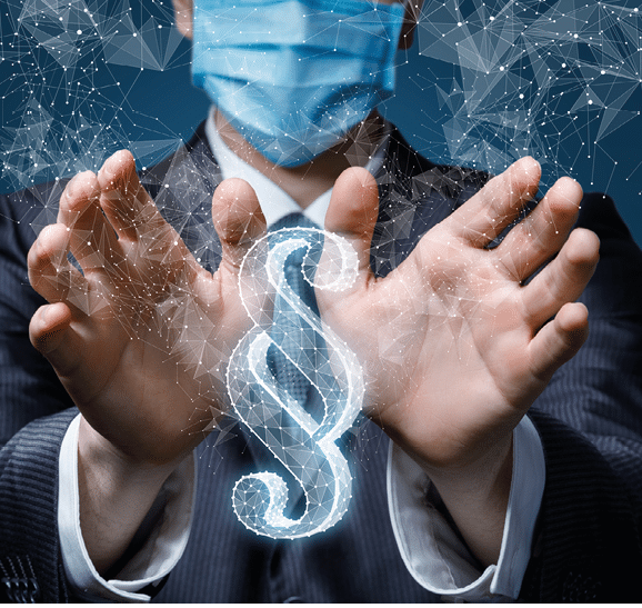 Mask businessman shows a paragraph emerging from a network of connections on a blue background 