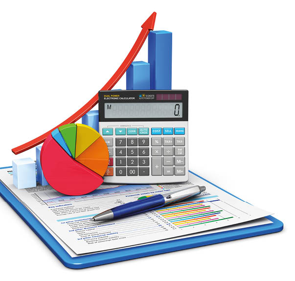 Business finance, tax, accounting, statistics and analytic research concept: office electronic calculator, bar graph and pie diagram and pen on financial reports in clipboard with colorful data isolated on white background