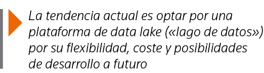  La tendencia actual es optar por una plataforma de data lake ( lago de datos ) por su flexibilidad, coste y posibili   