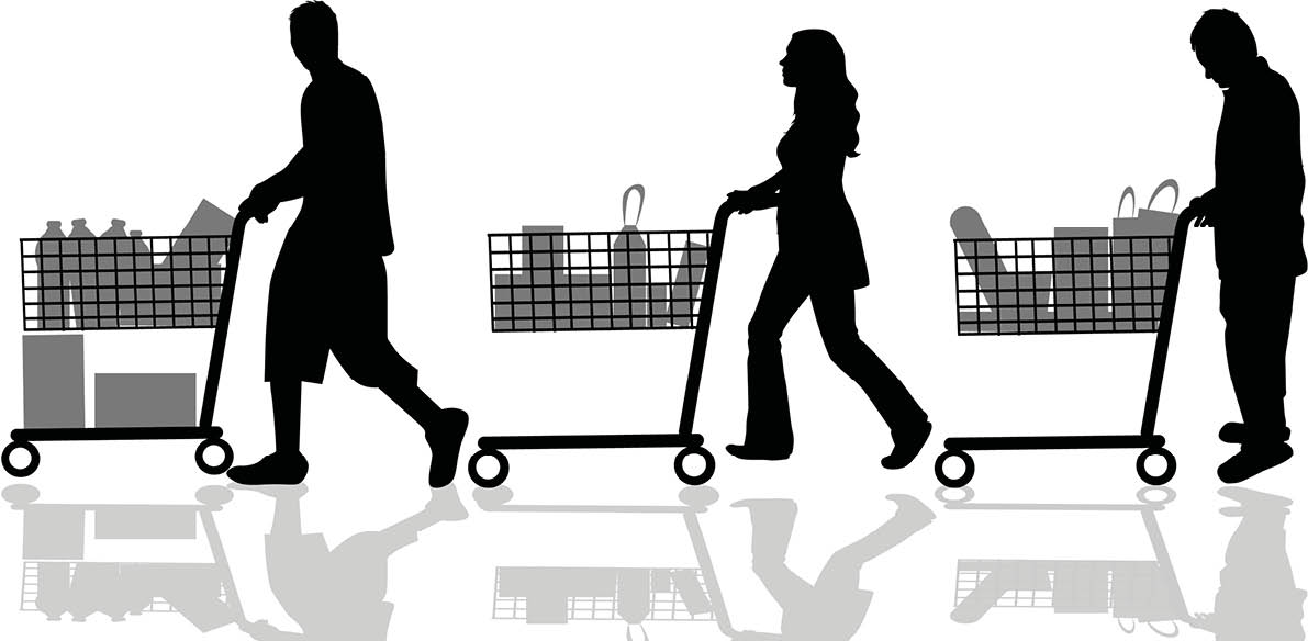Silhouettes of people out shopping