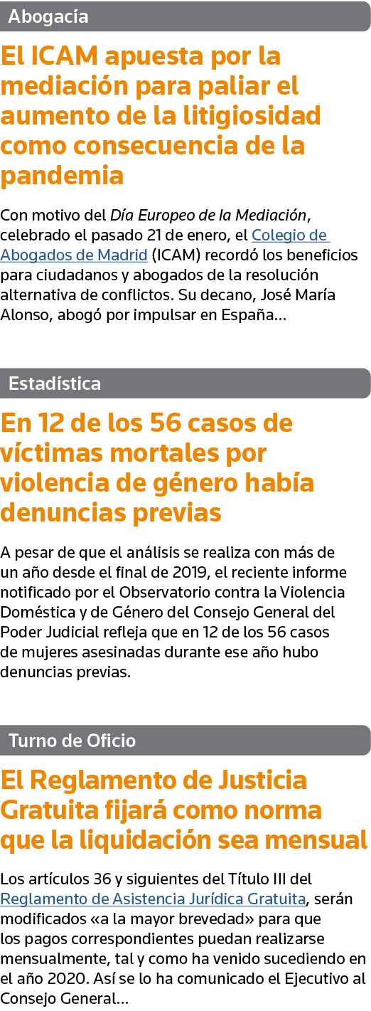 Abogacía El ICAM apuesta por la mediación para paliar el aumento de la litigiosidad como consecuencia de la pandemia    