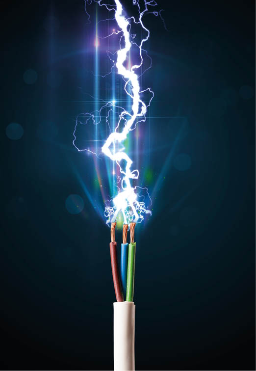 Electric cable close-up with glowing electricity lightning