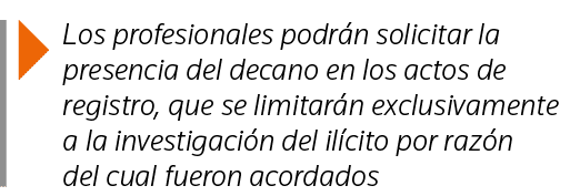  Los profesionales podrán solicitar la presencia del decano en los actos de registro, que se limitarán exclusivamente   