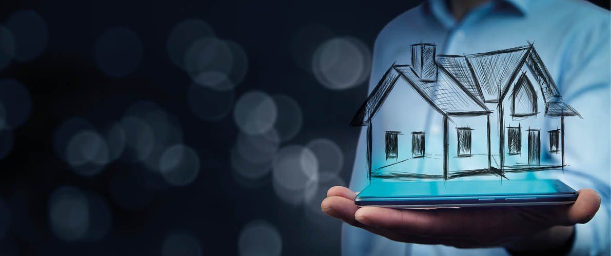 Man hand phone with house model in screen