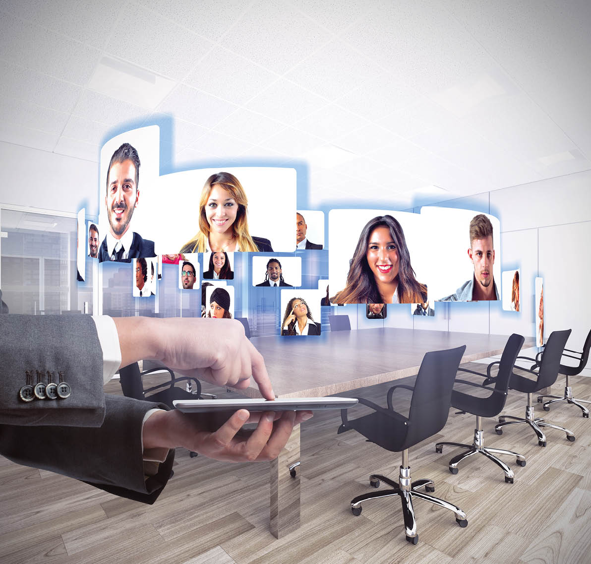 Business team talks about working in videoconference