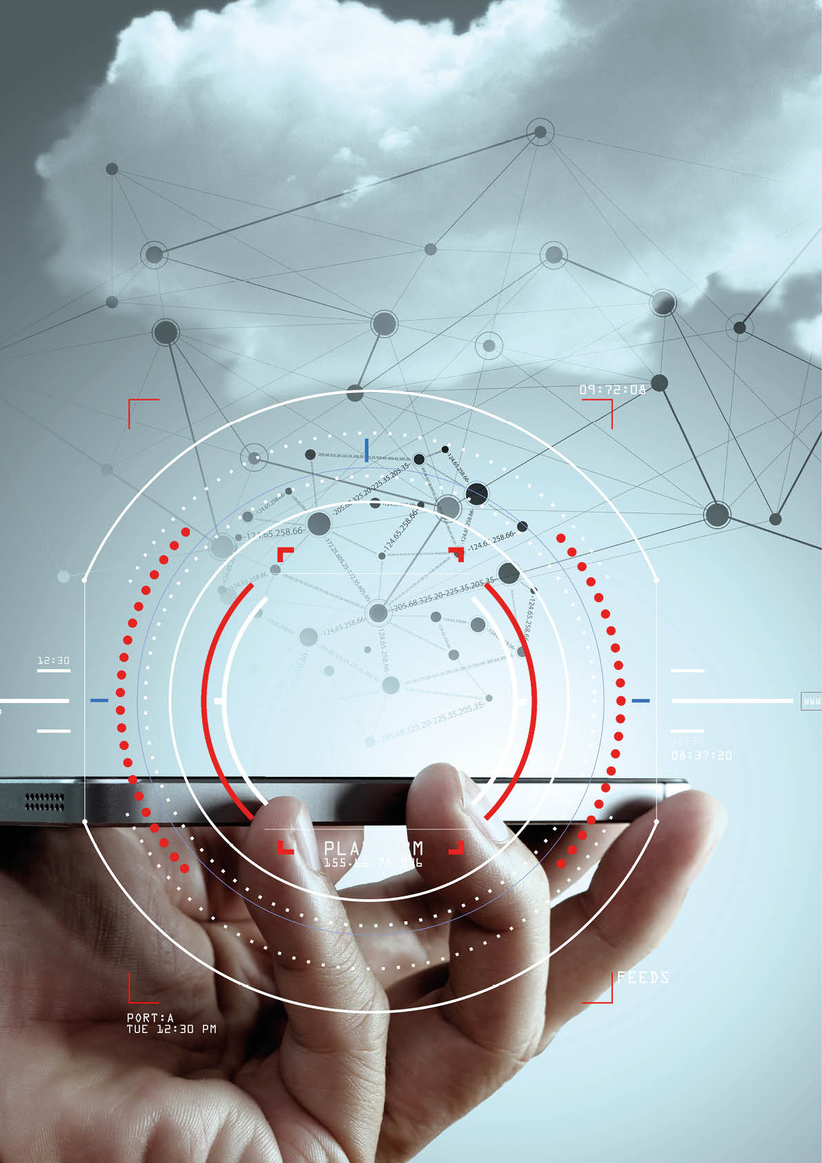 Concept of target focus digital diagram,graph interfaces,virtual UI screen,connections netwoork Hipster finance analist working with smart phone 