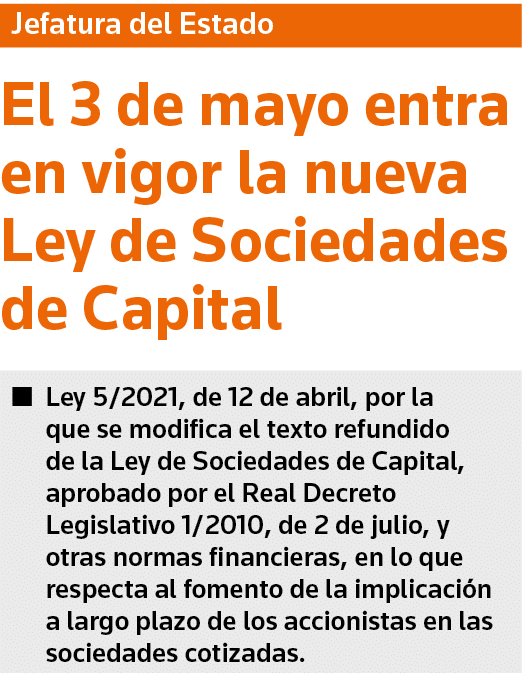 Jefatura del Estado El 3 de mayo entra en vigor la nueva Ley de Sociedades de Capital Ley 5 2021, de 12 de abril, por   