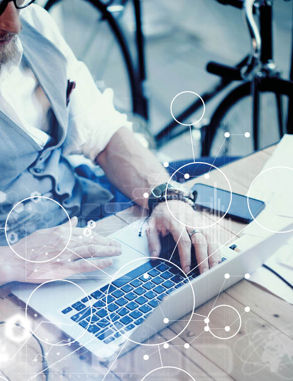 Concept Global Strategy Virtual Icon Diagram Graph Interface Innovation Reserch Bearded Businessman Searching Great Business Decision Young Man Working Laptop Startup Project  Blurred Closeup Vertical