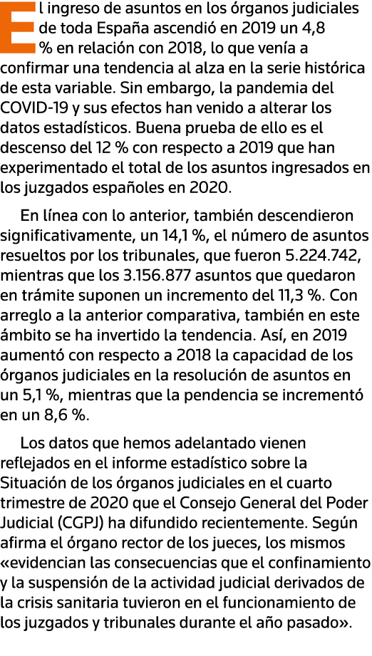 El ingreso de asuntos en los órganos judiciales de toda España ascendió en 2019 un 4,8 % en relación con 2018, lo que   