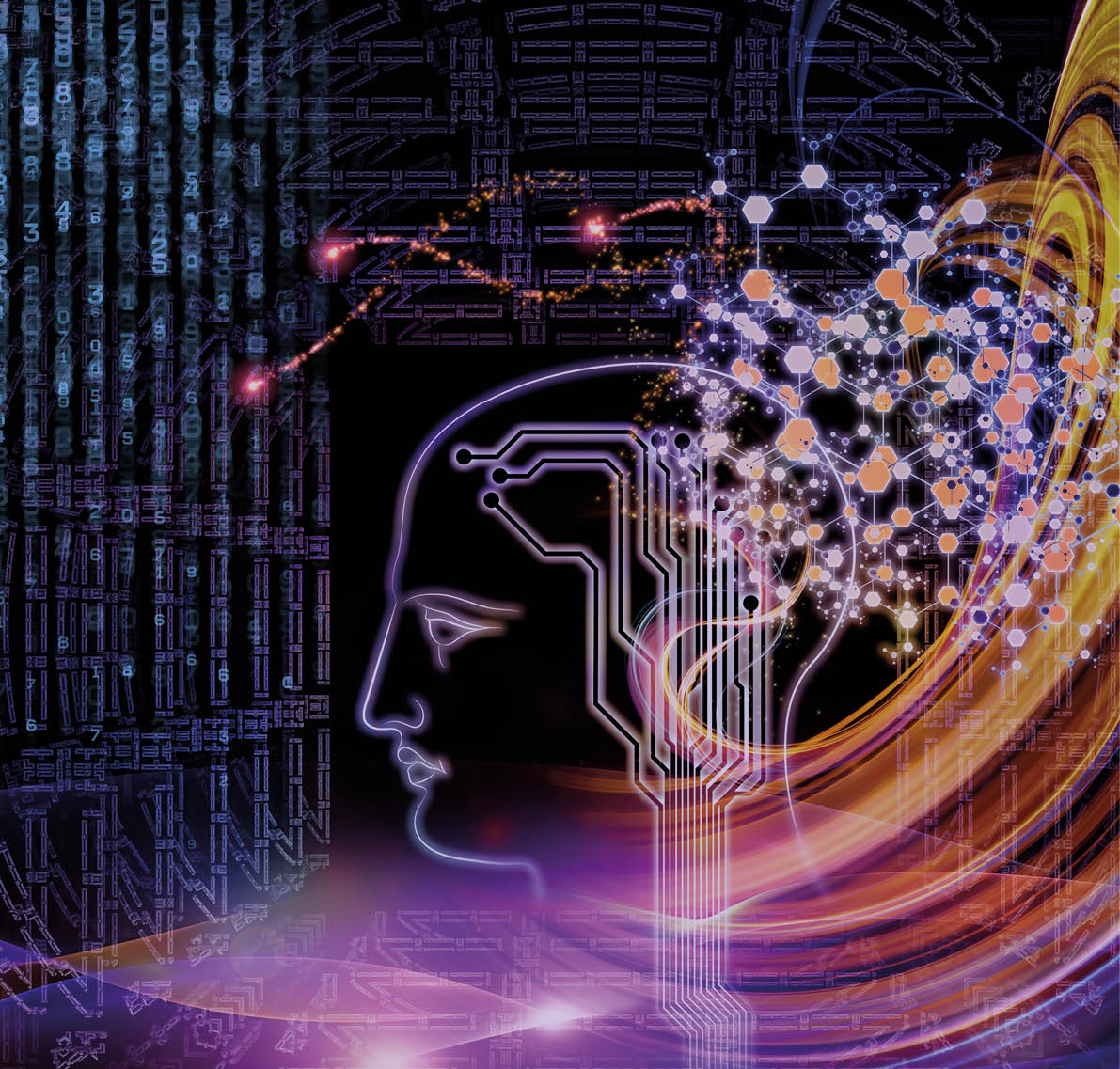 Abstract design made of outlines of human head, technological and fractal elements on the subject of artificial intelligence, computer science and future technologies