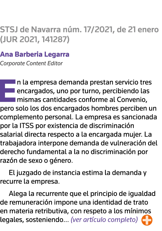  STSJ de Navarra núm  17 2021, de 21 enero (JUR 2021, 141287) Ana Barberia Legarra Corporate Content Editor En la emp   