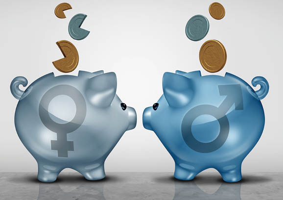 Pay equity and economic gender gap business concept as two piggy bank objects with male and female symbol showing salary inequality as a 3D illustration 