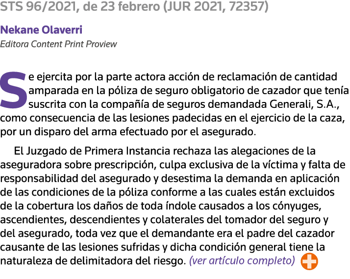 STS 96 2021, de 23 febrero (JUR 2021, 72357) Nekane Olaverri Editora Content Print Proview Se ejercita por la parte a   