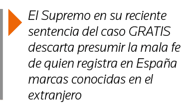 El Supremo en su reciente sentencia del caso GRATIS descarta presumir la mala fe de quien registra en España marcas    