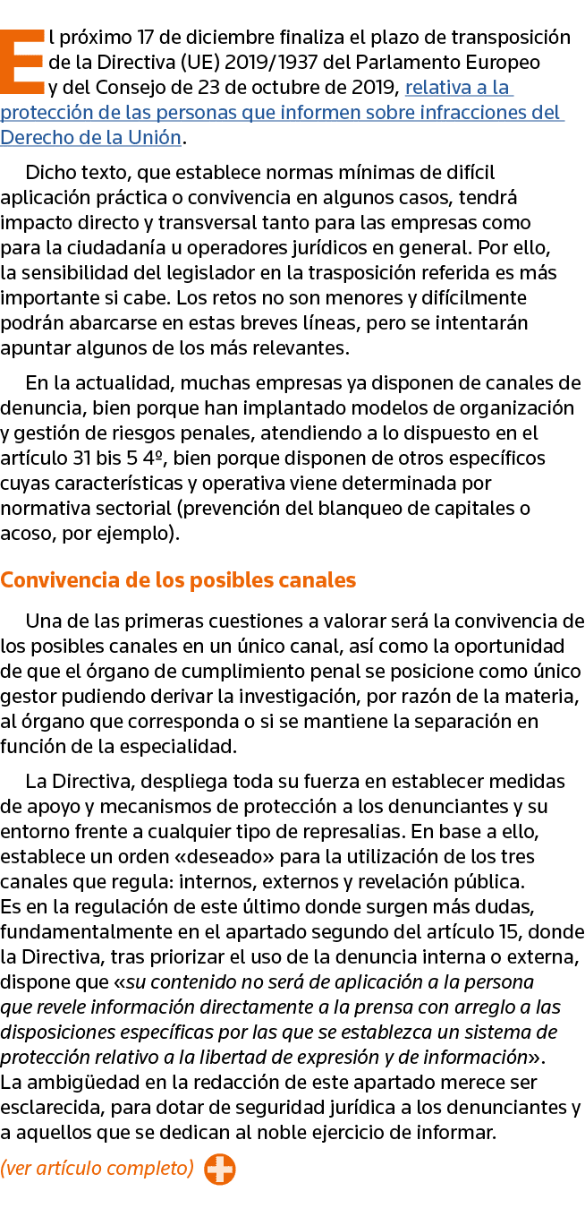 El próximo 17 de diciembre finaliza el plazo de transposición de la Directiva (UE) 2019 1937 del Parlamento Europeo y   