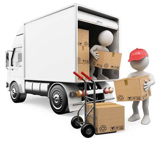 3d white persons unloading boxes from a truck to a hand truck  3d image  Isolated white background 