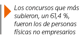  Los concursos que más subieron, un 61,4 %, fueron los de personas físicas no empresarios
