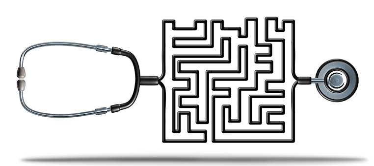Solving healthcare and health care reform challenges as a doctor stethoscope shaped as a complicated maze as a medical and medicine insurance confusion or prescription medication crisis metaphor as a 3D illustration 