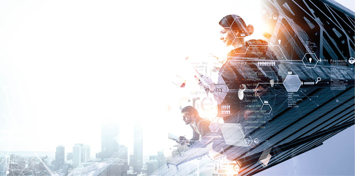 Business people working on cityscape background  Mixed media