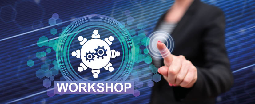 Woman touching a workshop concept on a touch screen with her finger