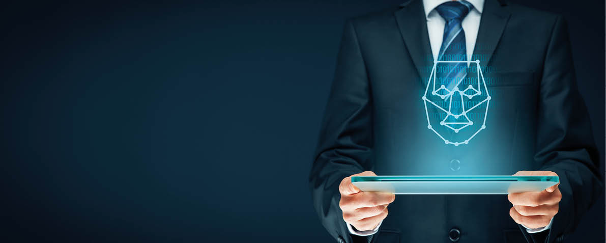 Digital tablet face detection concept  Facial recognition protection and security 