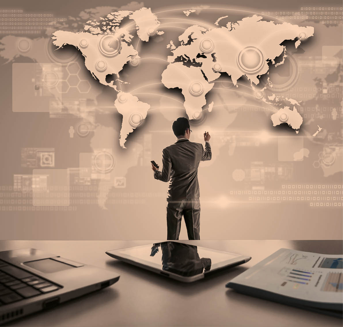 Businessman pressing on digital virtual screen, globalization marketing conceptual