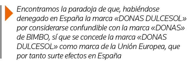  Encontramos la paradoja de que, habiéndose denegado en España la marca  DONAS DULCESOL  por considerarse confundible   